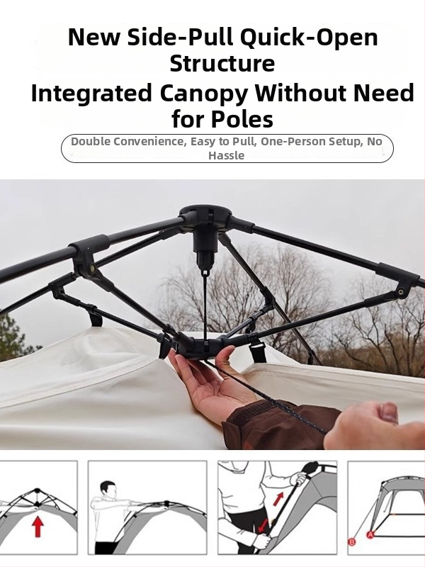 Automatická rýchlo otvárajúca sa kempingová kupolová stan; vetruodolná a nepremokavá; jednovrstvá konštrukcia; tyče z vláknových materiálov; vonkajší, vnútorný a podlahový materiál Oxford látka; hmotnosť 8,6 kg; vonkajšia vodotesnosť >3000 mm; vhodná na ja