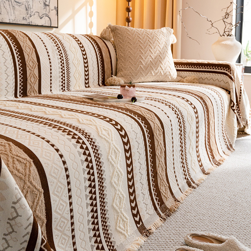 Husă pentru canapea din Chenille pentru canapele modulare, model cu dungi, toate sezoanele, anti-alunecare