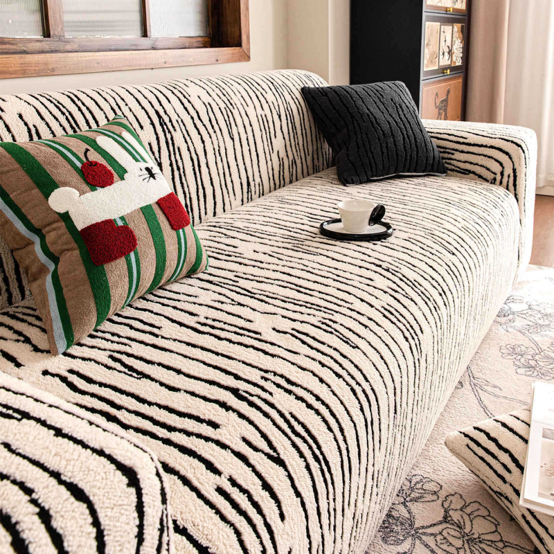Husa de canapea - imprimeu zebra, velur din bumbac Shu, acoperire 360° completă, potrivită pentru canapele modulare, absorbție de umiditate și respirabilitate, stil retro, păstrarea căldurii