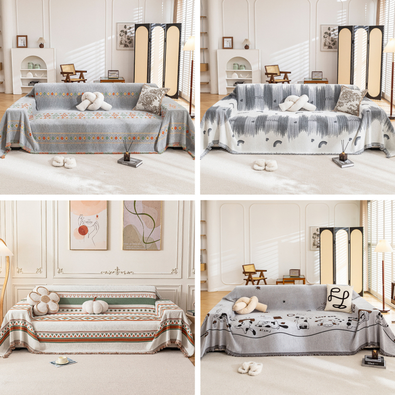 Покривало за диван с бохемски стил и кленово листо, жакард Chenille, цяло покритие за триседящ диван, подходящо за всички сезони, нов стил