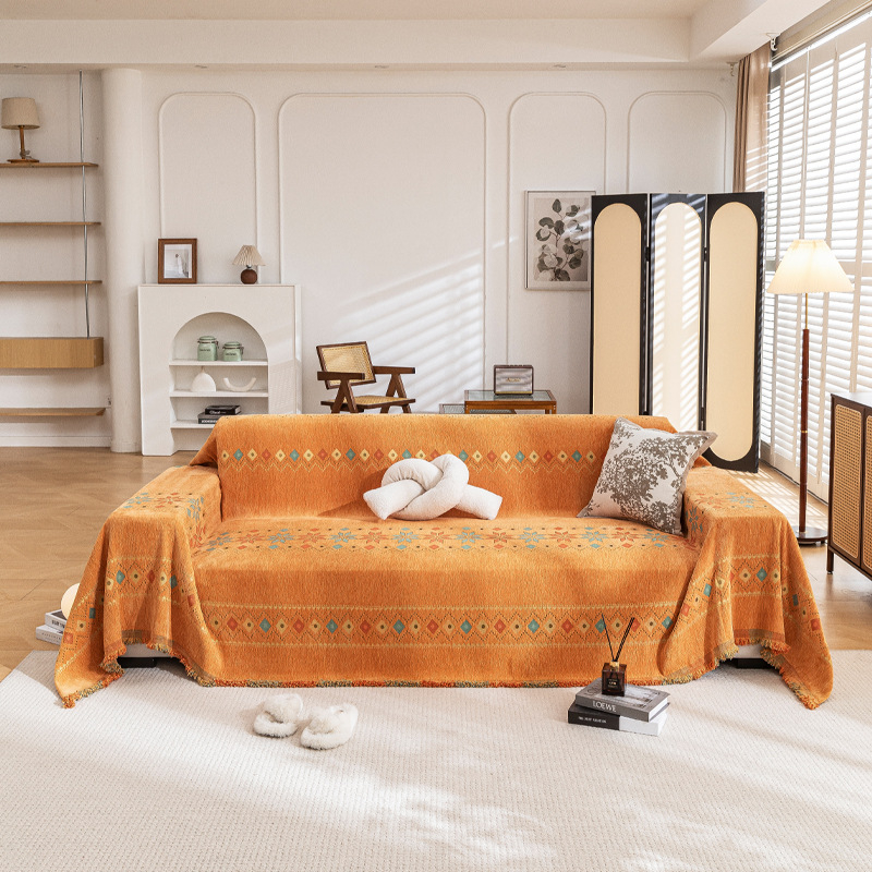 Покривало за диван с бохемски стил и кленово листо, жакард Chenille, цяло покритие за триседящ диван, подходящо за всички сезони, нов стил