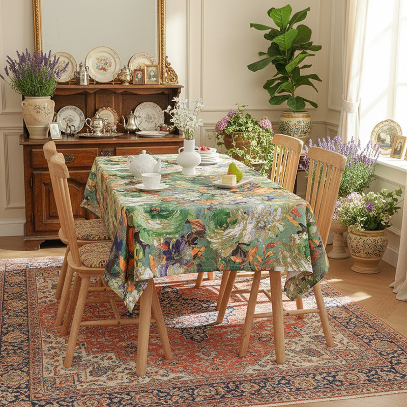Τραπεζομάντηλο σε αμερικανικό στυλ με μοτίβο φυτών/λουλουδιών, ορθογώνιο, 100% πολυεστέρας, εκτύπωση, αντιολισθητικό, προστασία από τη σκόνη, θερμική μόνωση