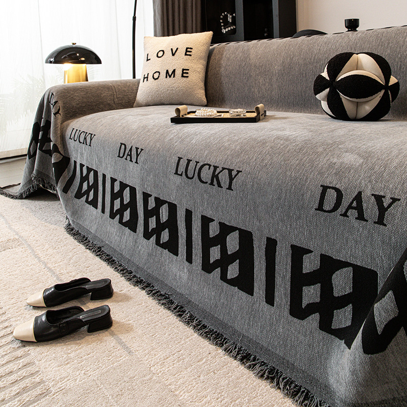 Κάλυμμα καναπέ Chenille, κατάλληλο για γωνιακούς καναπέδες, μινιμαλιστικό στυλ, εκτύπωση με γράμματα, προσαρμοζόμενο