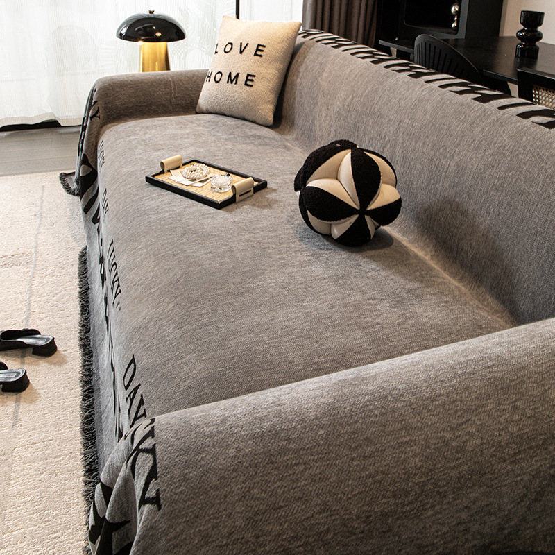 Κάλυμμα καναπέ Chenille, κατάλληλο για γωνιακούς καναπέδες, μινιμαλιστικό στυλ, εκτύπωση με γράμματα, προσαρμοζόμενο