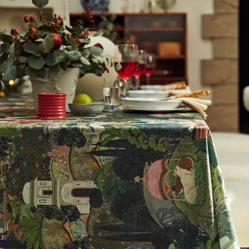 Față de masă din flanelă cu model floral, formă dreptunghiulară, stil retro