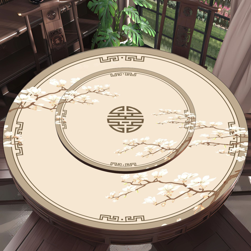 Față de masă rotundă din PVC, stil clasic chinezesc, cu model de plante și flori, impermeabilă, rezistentă la ulei, anti-murdărire, izolație termică