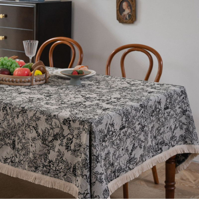 Față de masă din amestec poliester-bumbac, formă dreptunghiulară, model plante și flori, stil Ins, anti-alunecare, rezistent la uzură, protecție împotriva prafului, izolație termică