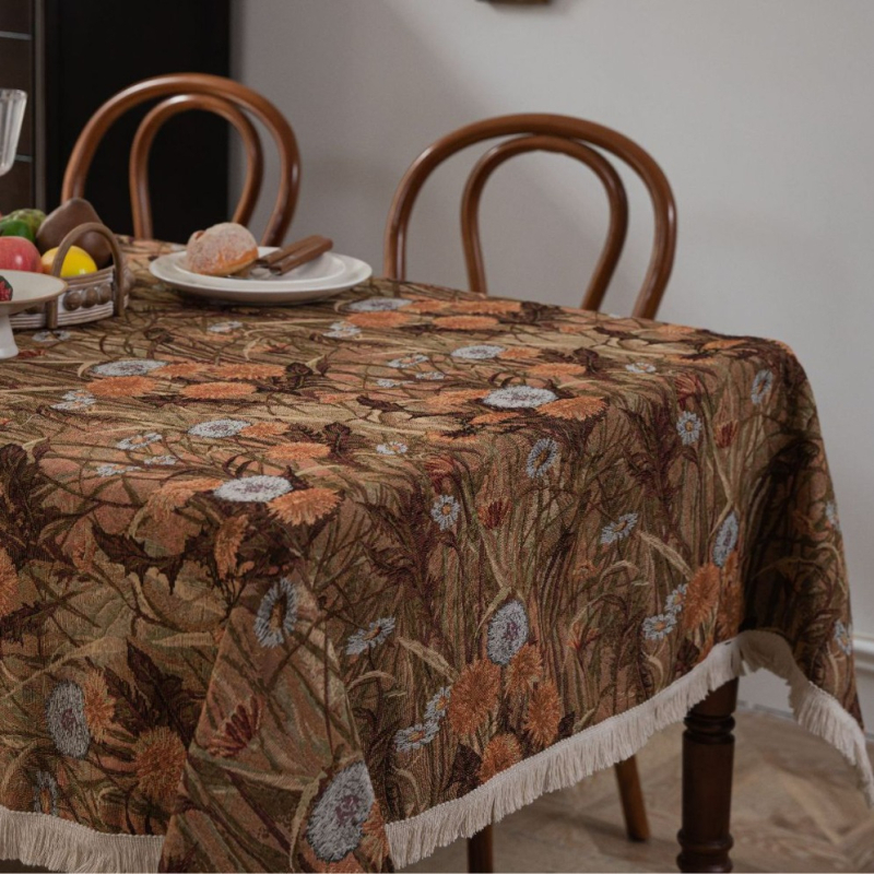 Față de masă din amestec poliester-bumbac, formă dreptunghiulară, model plante și flori, stil Ins, anti-alunecare, rezistent la uzură, protecție împotriva prafului, izolație termică
