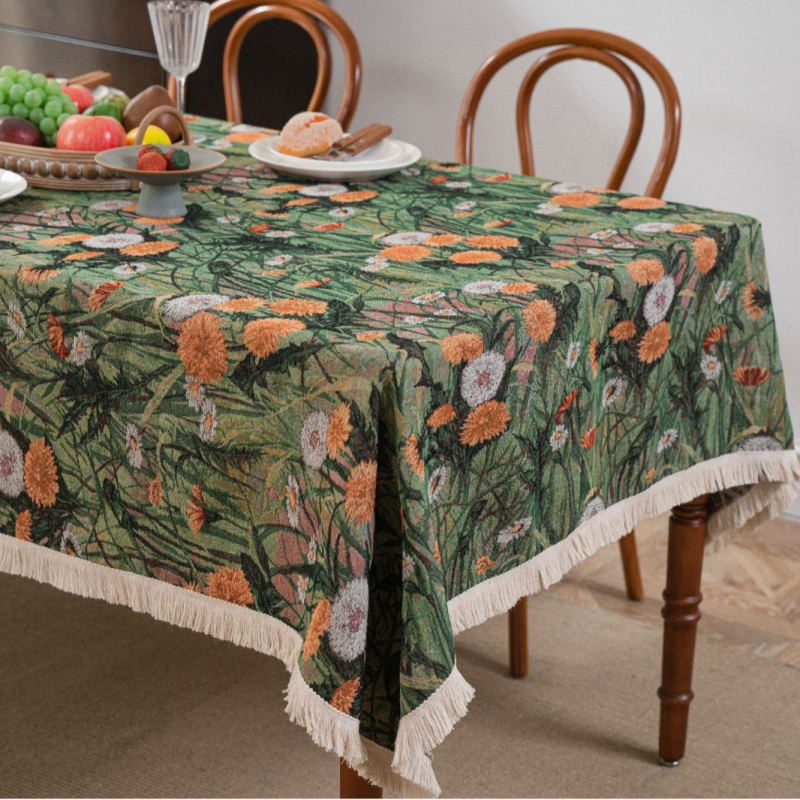 Față de masă din amestec poliester-bumbac, formă dreptunghiulară, model plante și flori, stil Ins, anti-alunecare, rezistent la uzură, protecție împotriva prafului, izolație termică