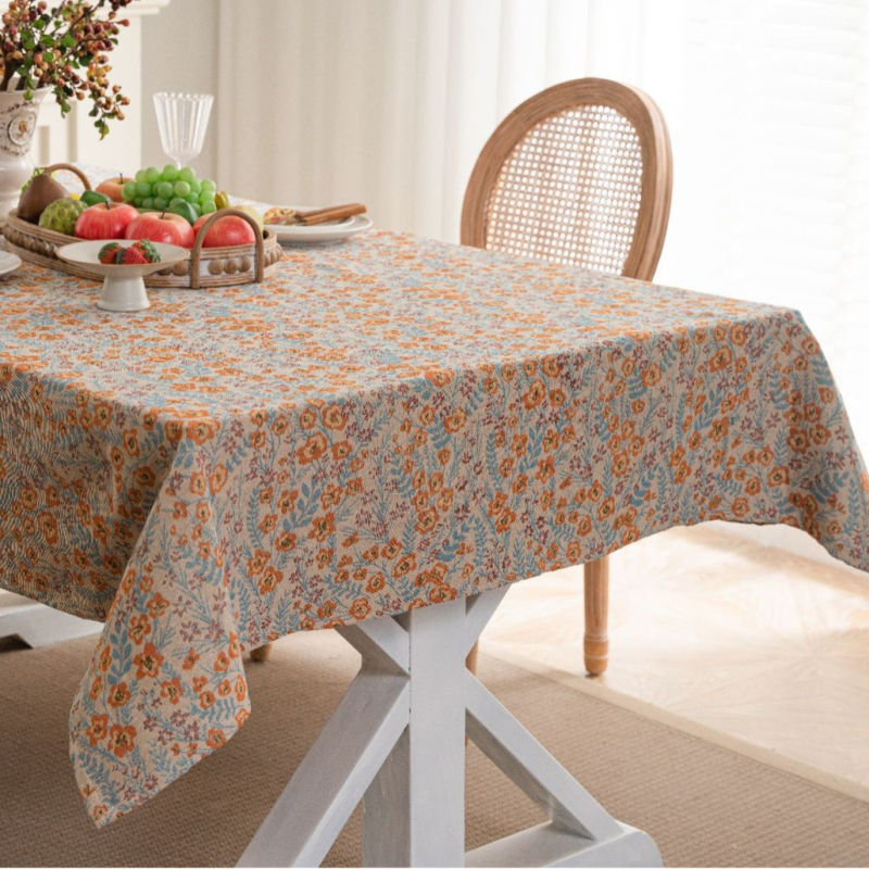 Față de masă din amestec poliester-bumbac, formă dreptunghiulară, model plante și flori, stil Ins, anti-alunecare, rezistent la uzură, protecție împotriva prafului, izolație termică