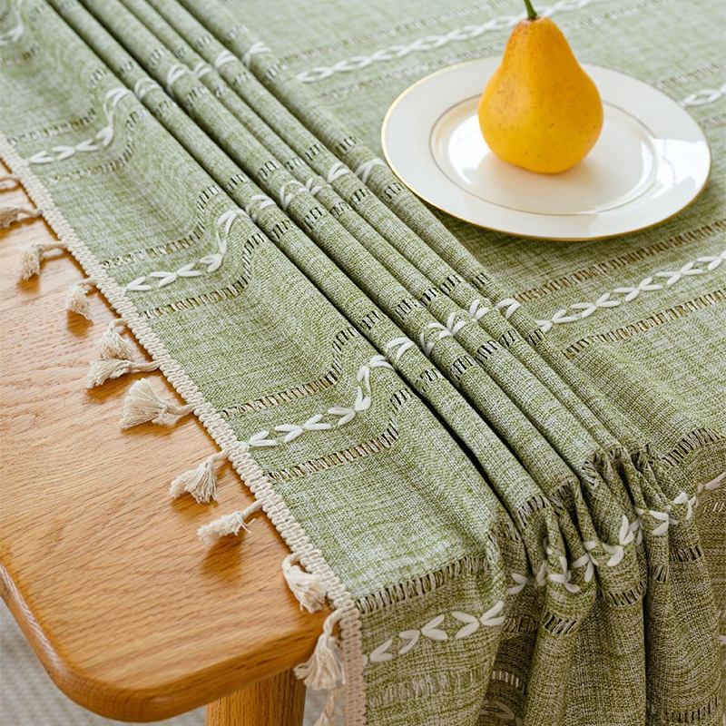 Față de masă cu ciucuri, dreptunghiulară Jacquard decupat, poliester, antiderapant, rezistent la uzură