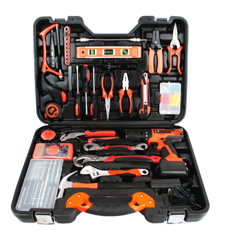 128-dijeli set električne bušilice s odvijačem, Li-ion baterija, pištolna ručka, sklop bušilice, bušenje drva do 10 mm, čelik do 8 mm