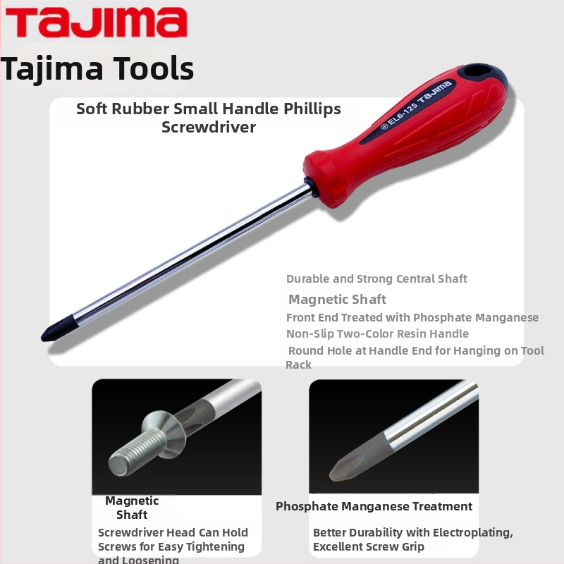 TAJIMA EL séria magnetický Phillips skrutkovač s mäkkou gumovou rukoväťou, Cr-V oceľ, 3 mm hrot