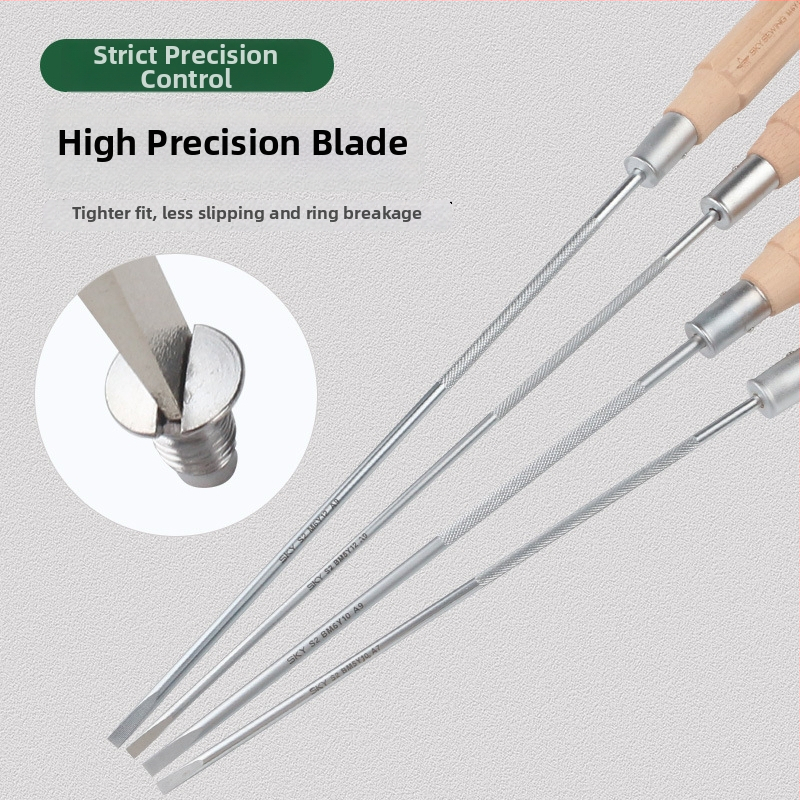 Šrobovák na šijací stroj, magnetický hrot, CR-V chróm-vanádiová oceľ, drevená rukoväť, plochý hrot, hmotnosť 140 g