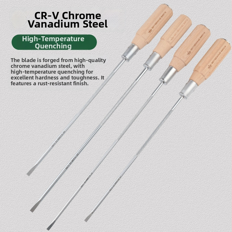 Šrobovák na šijací stroj, magnetický hrot, CR-V chróm-vanádiová oceľ, drevená rukoväť, plochý hrot, hmotnosť 140 g