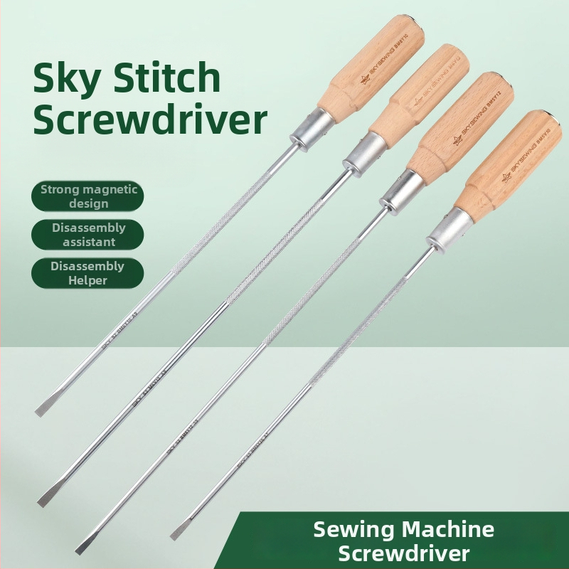 Šrobovák na šijací stroj, magnetický hrot, CR-V chróm-vanádiová oceľ, drevená rukoväť, plochý hrot, hmotnosť 140 g