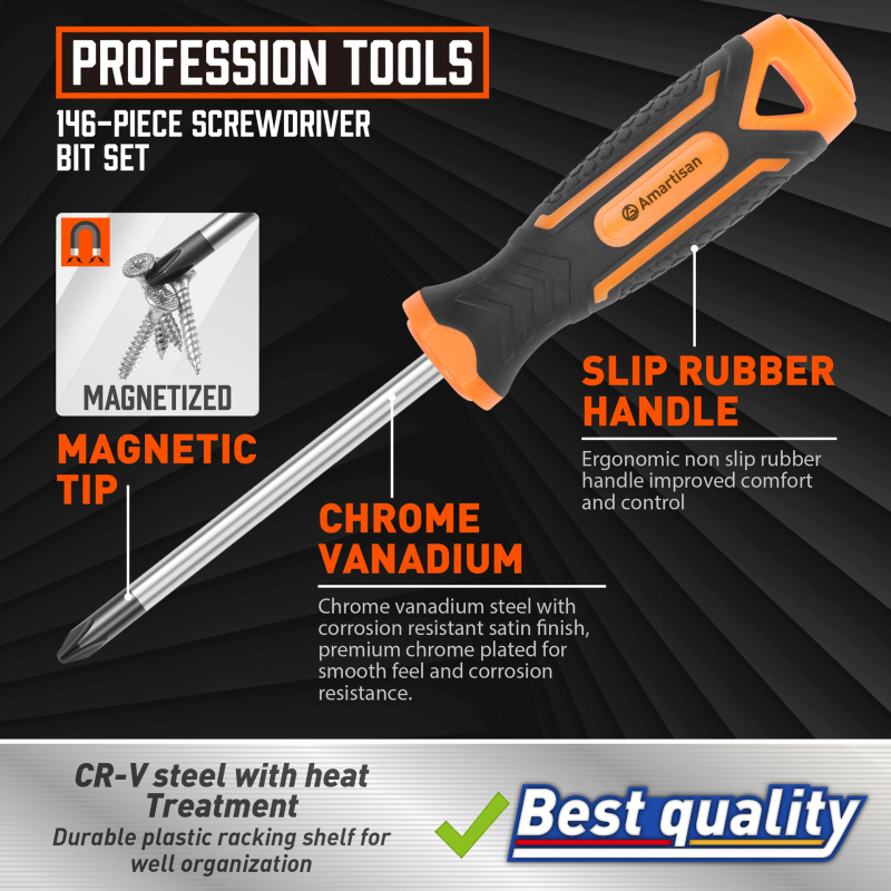 Amartisan magnetni set odvijača, 146 dijelova, Cr-V krom-vanadij čelik, neizolirano