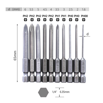 10-dijelni set bitova za odvijač, 1/4-pogon magnetski, S2 legirana čelika, Philips bitovi