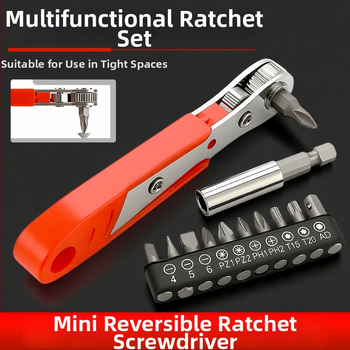 Ráčňová skrutkovačová sada - obojsmerná, kompaktná, viacúčelová s krátkymi bitmi (Cr-V čepeľ, magnetická, značka Chuanxing)