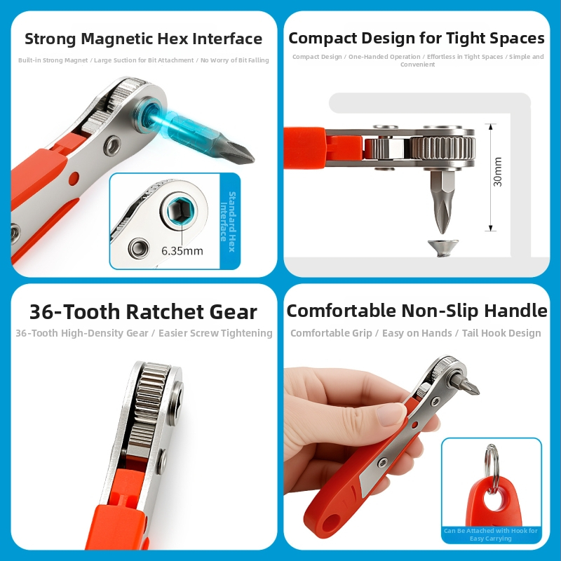 Ráčňová skrutkovačová sada - obojsmerná, kompaktná, viacúčelová s krátkymi bitmi (Cr-V čepeľ, magnetická, značka Chuanxing)
