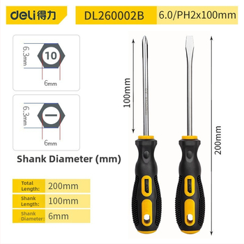Deli DL260002B set od 2 odvijača s magnetskim vrhovima, križni i ravni, za kućnu upotrebu