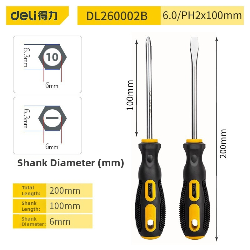 Deli DL260002B set od 2 odvijača s magnetskim vrhovima, križni i ravni, za kućnu upotrebu