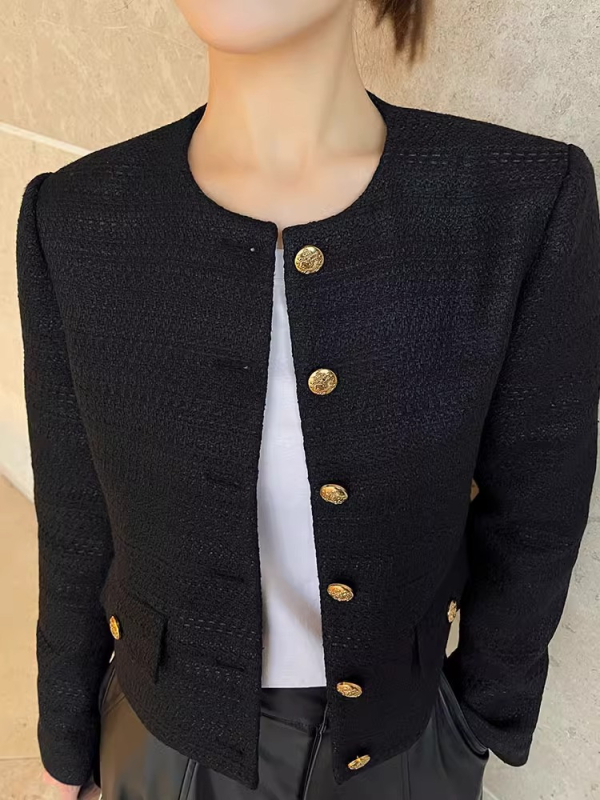 Ženska jakna od vunene smjese, tweed stil, teksturiran uzorak i zlatna kopča, raglan rukavi, uski kroj