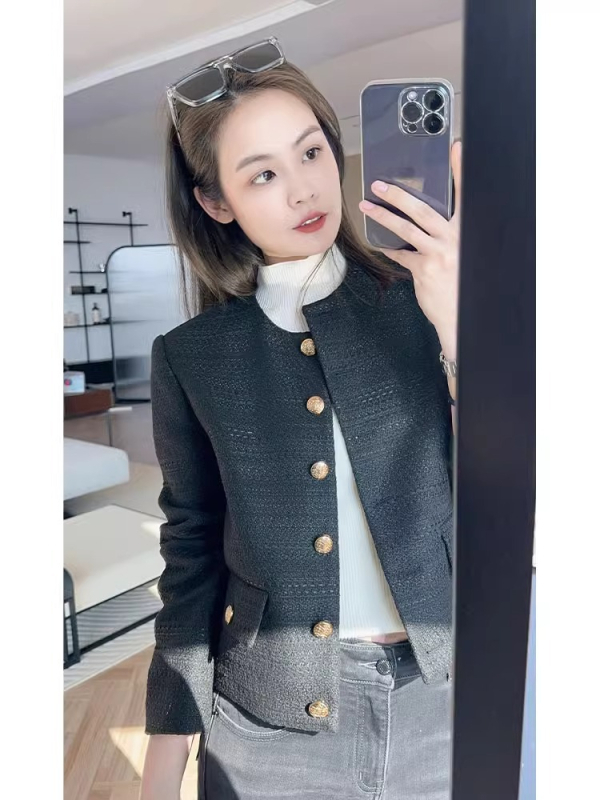 Ženska jakna od vunene smjese, tweed stil, teksturiran uzorak i zlatna kopča, raglan rukavi, uski kroj