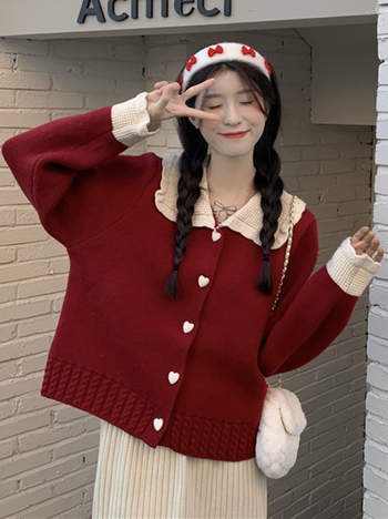 Korejski stil kardigana pulover s doll collar, color-block uzorak, poliester, široka silueta