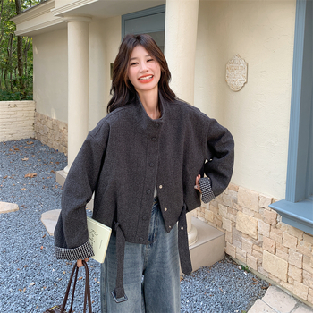 Korejski stil retro cardigan-jakna s visokim ovratnikom, udoban opušten kroj, ženski, patchwork detalji