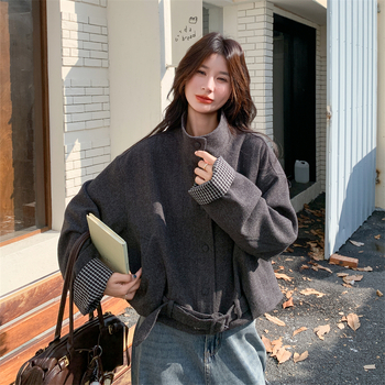 Korejski stil retro cardigan-jakna s visokim ovratnikom, udoban opušten kroj, ženski, patchwork detalji
