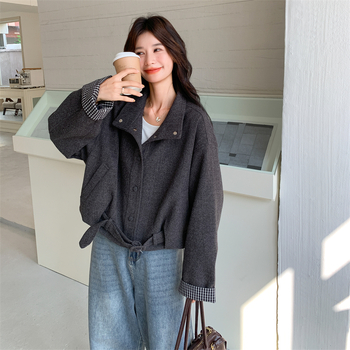 Korejski stil retro cardigan-jakna s visokim ovratnikom, udoban opušten kroj, ženski, patchwork detalji
