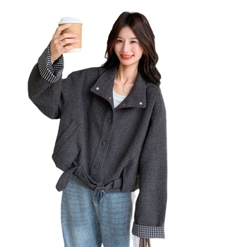 Korejski stil retro cardigan-jakna s visokim ovratnikom, udoban opušten kroj, ženski, patchwork detalji