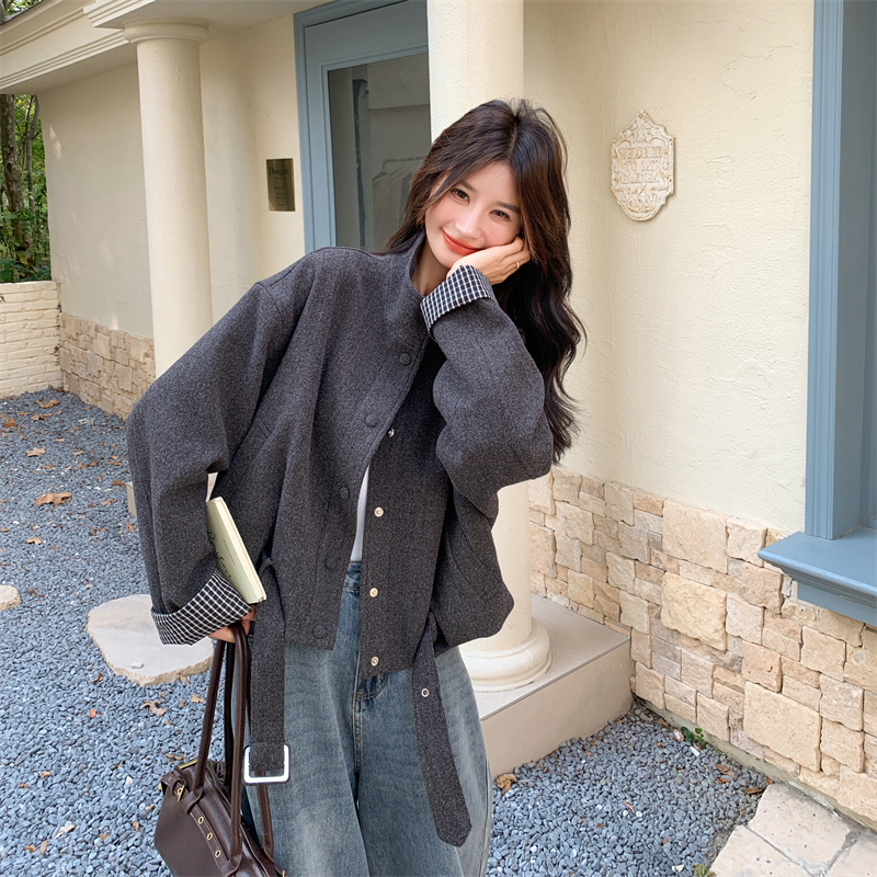 Korejski stil retro cardigan-jakna s visokim ovratnikom, udoban opušten kroj, ženski, patchwork detalji