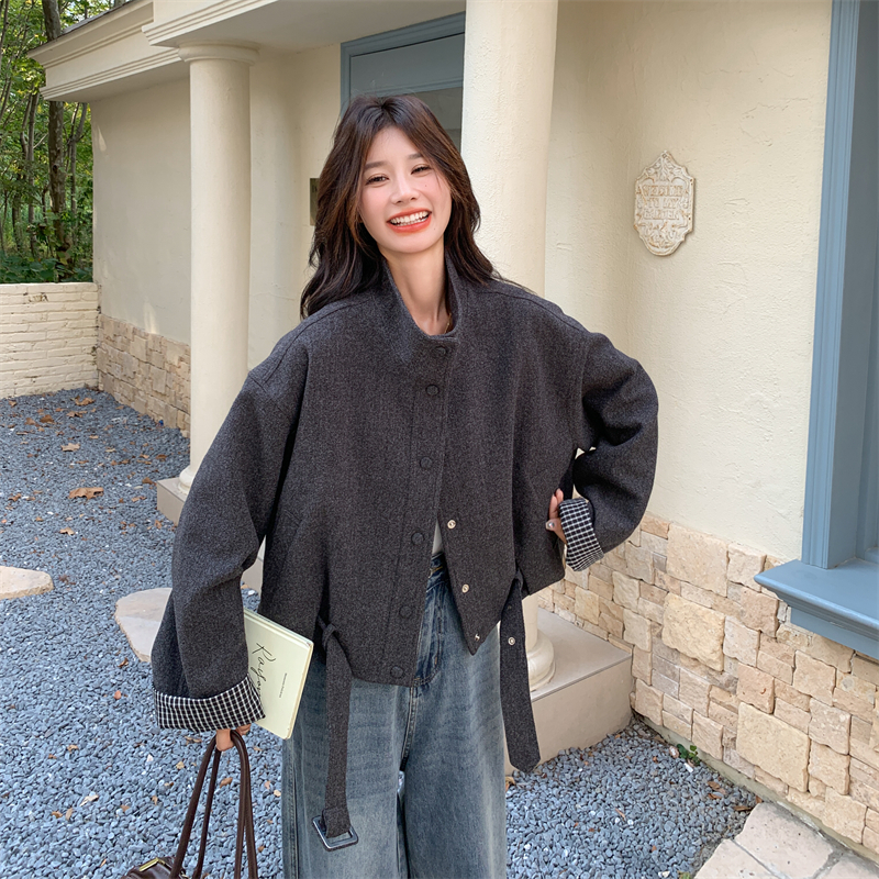 Korejski stil retro cardigan-jakna s visokim ovratnikom, udoban opušten kroj, ženski, patchwork detalji