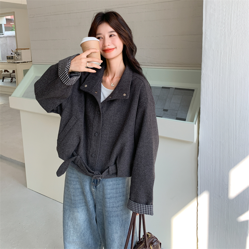 Korejski stil retro cardigan-jakna s visokim ovratnikom, udoban opušten kroj, ženski, patchwork detalji