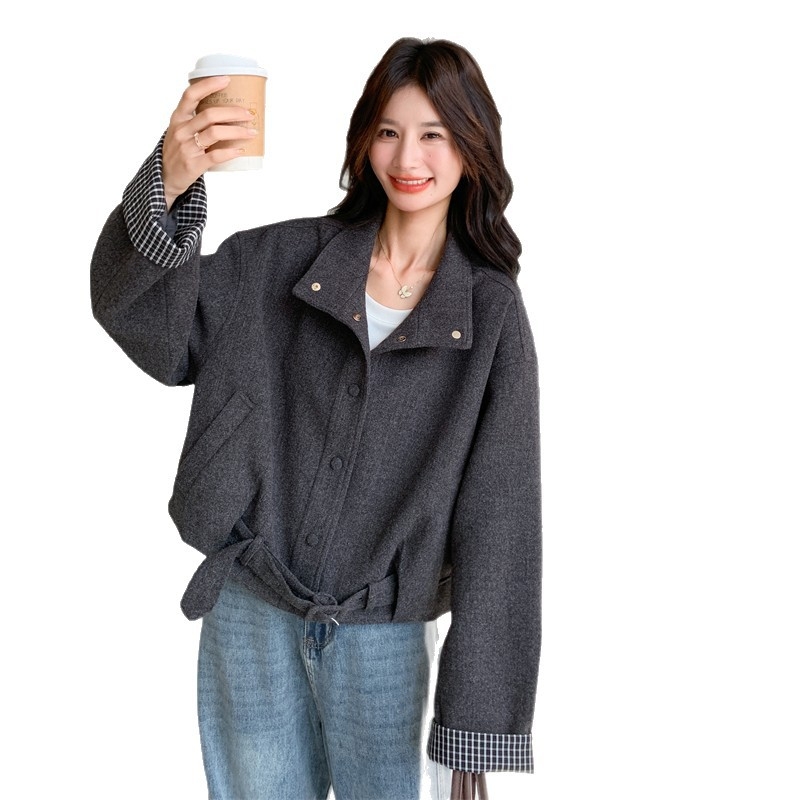 Korejski stil retro cardigan-jakna s visokim ovratnikom, udoban opušten kroj, ženski, patchwork detalji