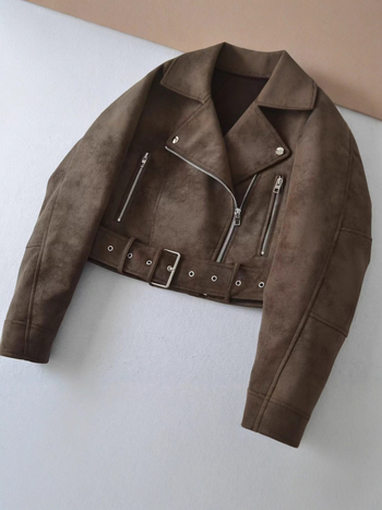 Ženska suede faux leather motociklistička jakna, kratka, zip zatvaranje, rever ovratnik