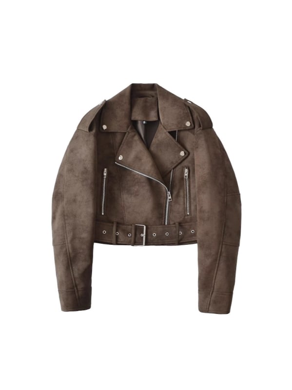 Ženska suede faux leather motociklistička jakna, kratka, zip zatvaranje, rever ovratnik