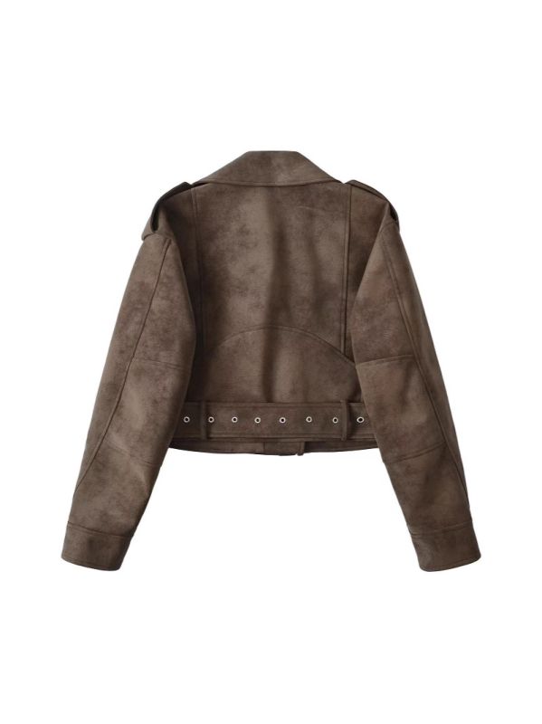 Ženska suede faux leather motociklistička jakna, kratka, zip zatvaranje, rever ovratnik