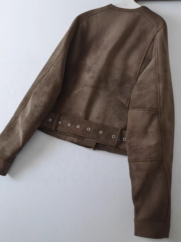 Ženska suede faux leather motociklistička jakna, kratka, zip zatvaranje, rever ovratnik