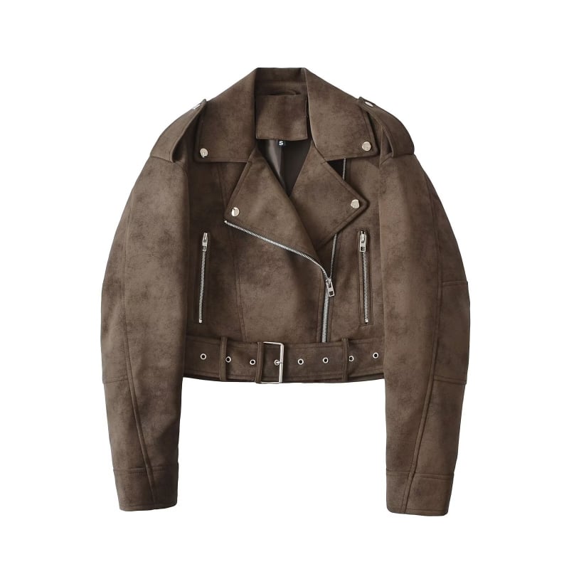 Ženska suede faux leather motociklistička jakna, kratka, zip zatvaranje, rever ovratnik