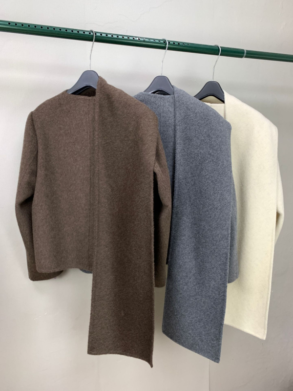 Ženski vuneni tweed kaput, dvostruko kopčanje, šal-kragna, dugi rukavi, srednje debljine