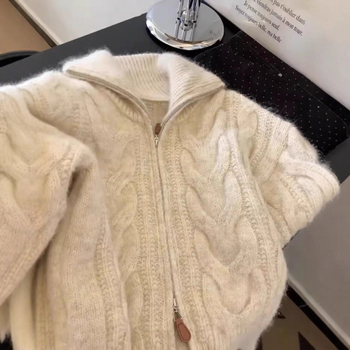 Retro kardigan s zipom i kabelnom pletom, za žene, jesen-zima, elegantan i mekan, kratka duljina
