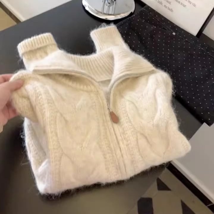 Retro kardigan s zipom i kabelnom pletom, za žene, jesen-zima, elegantan i mekan, kratka duljina