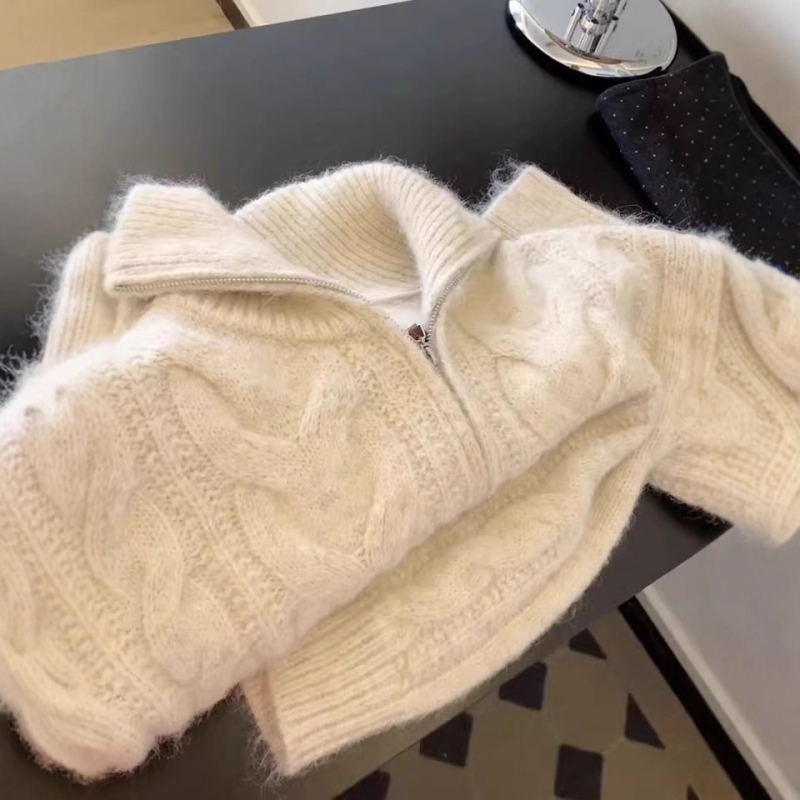 Retro kardigan s zipom i kabelnom pletom, za žene, jesen-zima, elegantan i mekan, kratka duljina