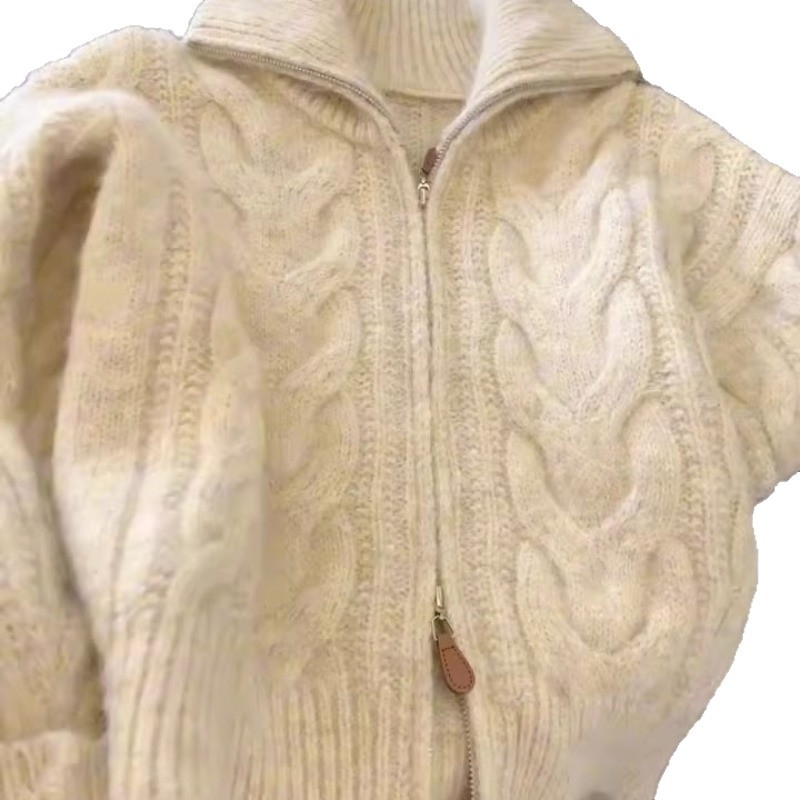 Retro kardigan s zipom i kabelnom pletom, za žene, jesen-zima, elegantan i mekan, kratka duljina