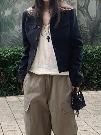 Žensko sako u korejskom vintage stilu, s ovratnikom tipa lapel, dugi rukavi, poliester tkanina