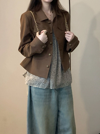Žensko sako u korejskom vintage stilu, s ovratnikom tipa lapel, dugi rukavi, poliester tkanina