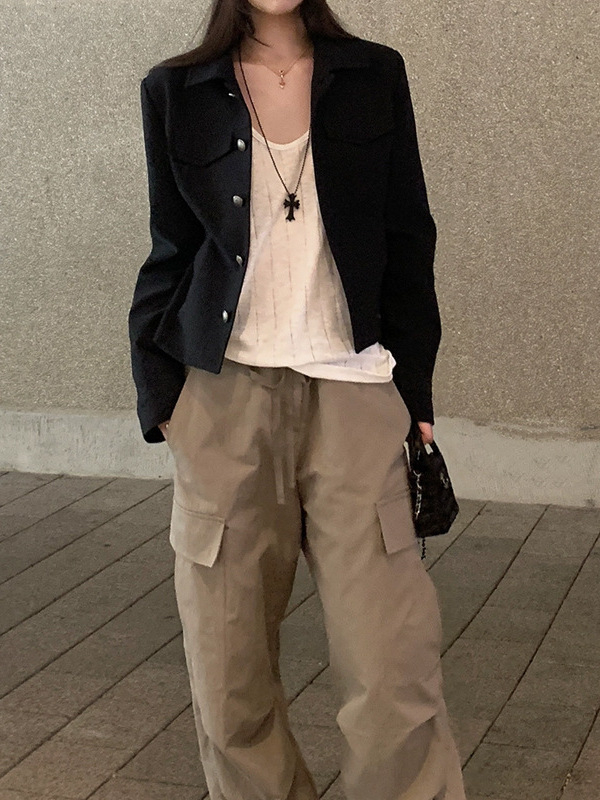 Žensko sako u korejskom vintage stilu, s ovratnikom tipa lapel, dugi rukavi, poliester tkanina